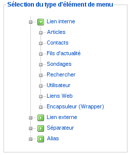 Joomla! Administration: Choix du type d'un élément de menu