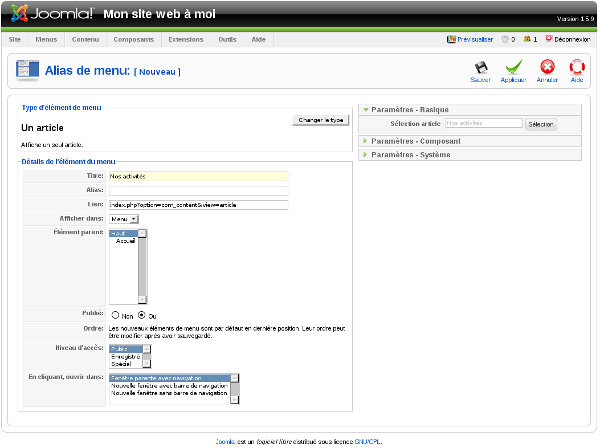 Joomla! Administration: Entrée de type article dans le menu