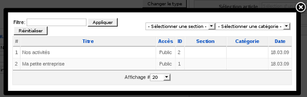 Joomla! Administration: Sélection de l'article à ajouter au menu