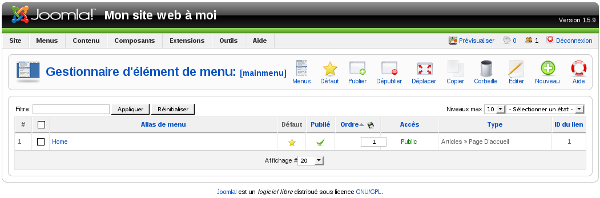 Joomla! Administration: Gestionnaire d'élément de menu