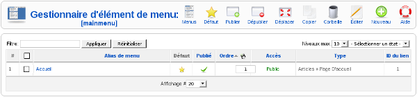 Joomla! Administration: Gestionnaire d'élément de menu