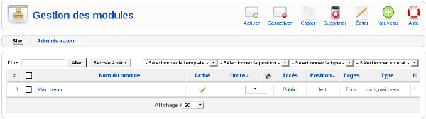 Joomla! Administration: Liste des modules