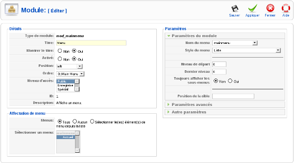 Joomla! Administration: Edition d'un module Menu