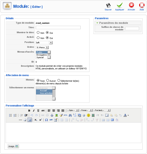 Joomla! Administration: Module HTML personnalisé