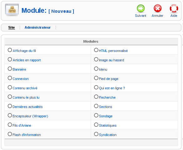 Joomla! Administration: Types de module