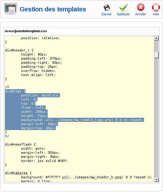 Joomla! Administration: Edition du fichier template.css du template rhuk_mikyway