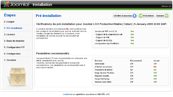 Joomla! Installation - Vérification de la configuration du serveur